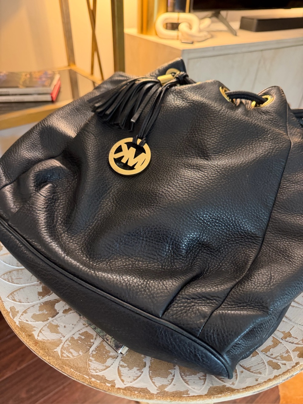 Michael Kors Black Pebbled Leather Drawstring Bucket with Gold Logo Charm